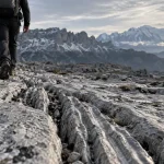 Désert de platé : lapiaz calcaire face au Mont-Blanc, brume froide
