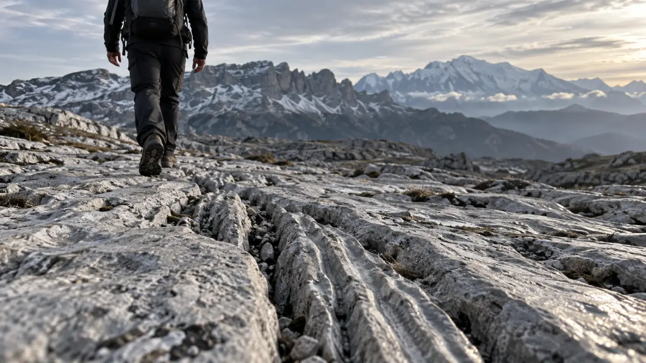 Désert de platé : lapiaz calcaire face au Mont-Blanc, brume froide