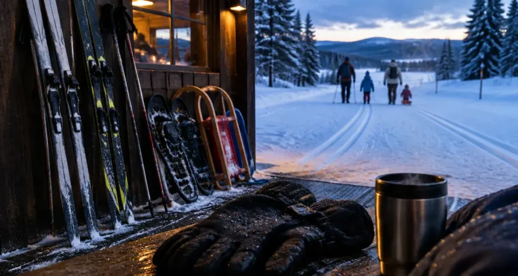 Foyer de fond des Mouilles : skis sur place avant la nocturne familiale