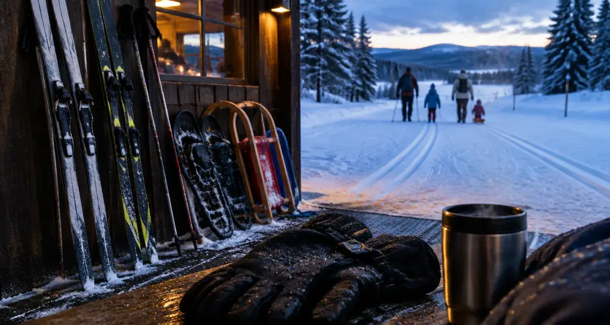 Foyer de fond des Mouilles : skis sur place avant la nocturne familiale