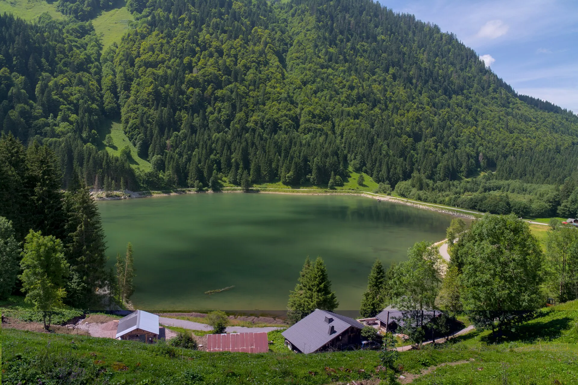 Lac des Plagnes (août 2024). À droite, la digue construite en 1978 puis la zone forestière de faible hauteur qui correspond à l'ancien lac de Cubourré, devenu une zone humide.