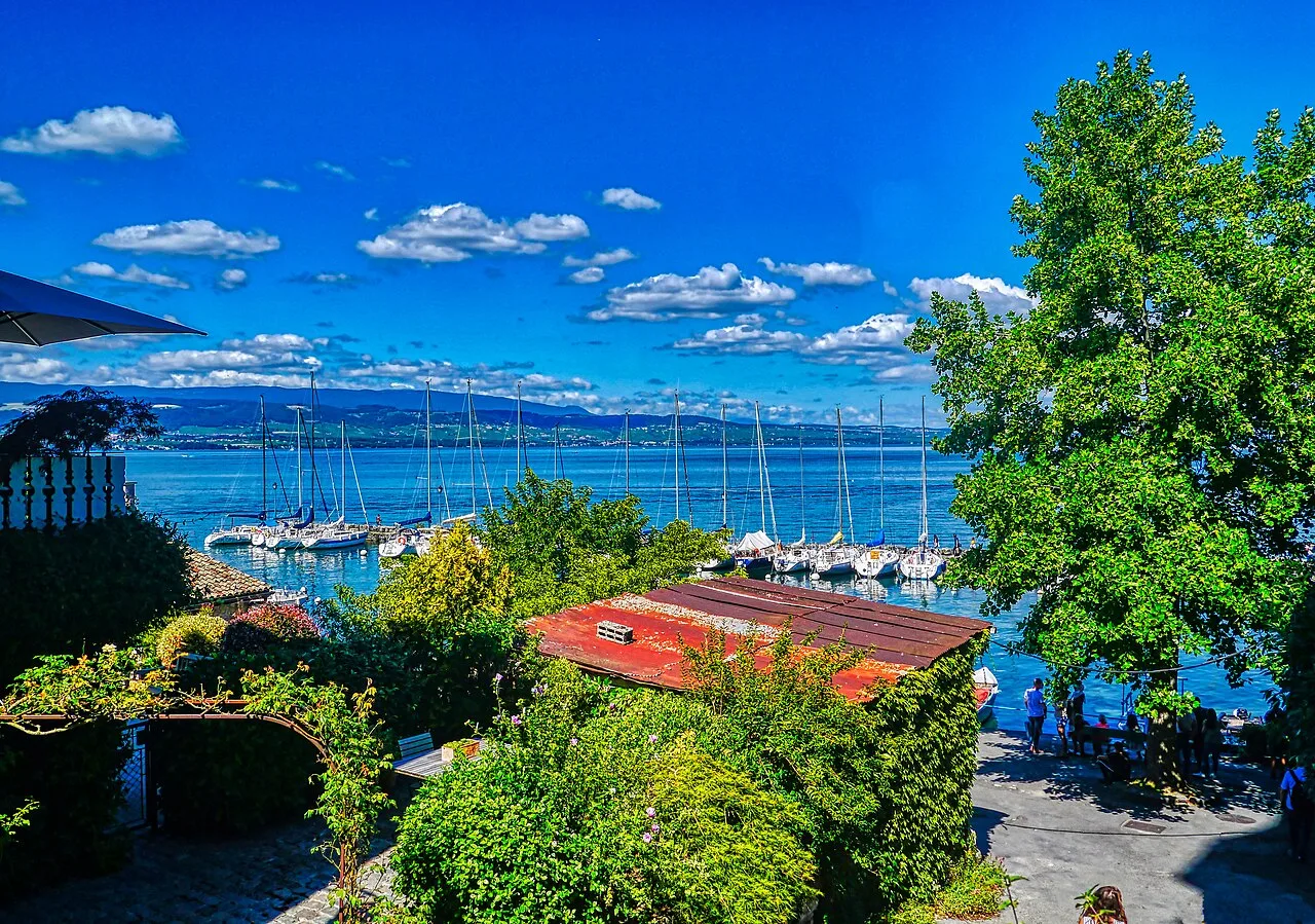 View to Lake Geneva, Yvoire, Departmen of Upper Savoy, Region Auvergne-Rhône-Alpes (former Rhône-Alpes), France