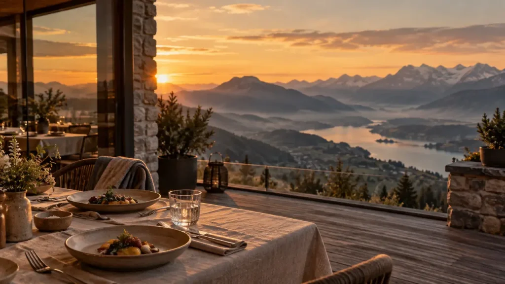 Les rochers blancs semnoz au coucher du soleil, vue depuis une terrasse en bois