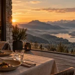 Les rochers blancs semnoz au coucher du soleil, vue depuis une terrasse en bois