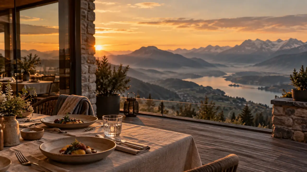 Les rochers blancs semnoz au coucher du soleil, vue depuis une terrasse en bois
