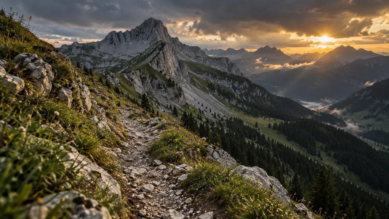 Massif des Aravis : sentier et crête calcaire vers la pointe Percée